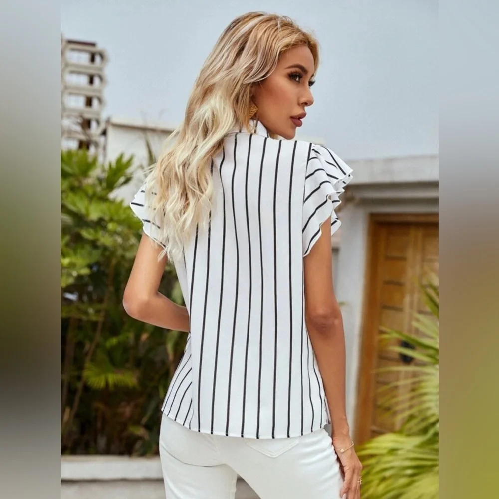 SHEIN Black and White Stripe Flutter Sleeve Button Down Womens size L NWOT - Picture 2 of 9